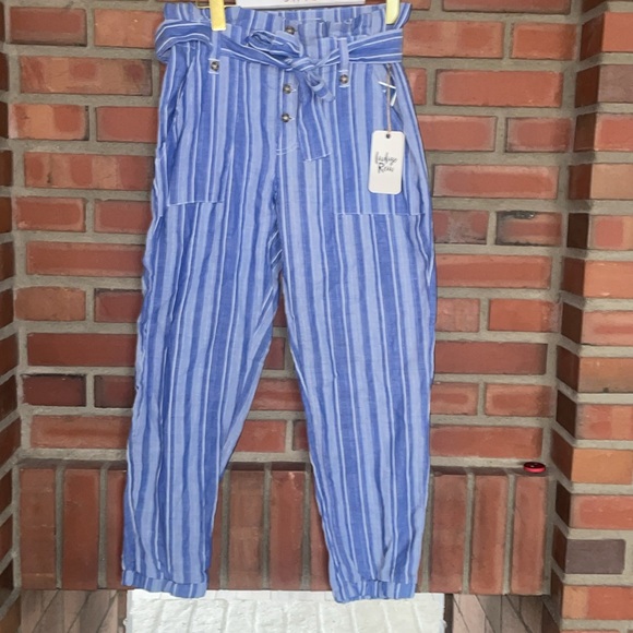 Indigo Rein Blue Striped High Rise Linen Blend Paperbag Jogger Pant Large button - Picture 1 of 7